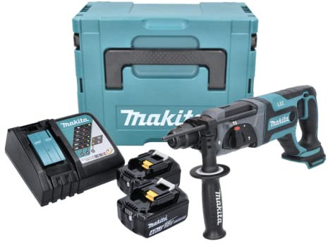 Makita DHR 241 18 V litiumjonbatteri borrhammare med SDS-plus hölje i Makpac 2 x BL 1840 4,0 Ah batteri + DC 18 RC snabbladdare