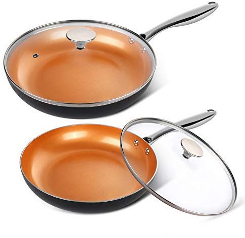 MICHELANGELO Copper Frying Pan Set with Lid, 8 & 10 Nonstick Skillets with Lids, Non Stick Frying Pans Set, Ceramic Non Toxic Fry Pans, Induction Compatible