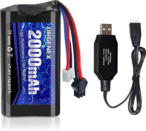 URGENEX 7.4V Li-ion Battery 2000mAh 2S Battery with SM 2P Plug High Capacity for Remote Control RC Boat 1 Pack H101 RC Batteries with 1 USB Chargers