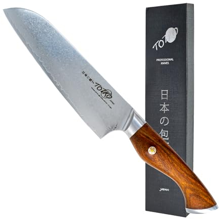 Totiko Coltello Professionale in Acciaio Damasco, Coltello da Cucina Professionale Giapponese da Carne, Pesce, Verdura, Lama 18cm, Santoku Damascato, Manico in Legno di Rosa - Toyotomi Japan Knives