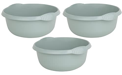 (Set of 3) Round Multipurpose Plastic Bowl Silver Sage Washing Up Bowl 28 CM Mixing Bowl Washing Basin Sink Bowl Tidy Organiser Wash Tub Space Saving for Home Kitchen Outdoor Camping