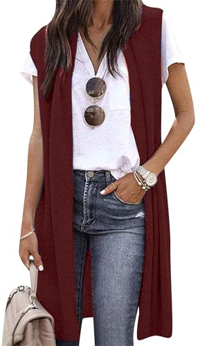 EFOFEI Donna Gilet Lungo Senza Maniche Drappeggiato Aperto Davanti Gilet Lungo Tinta Unita Blazer Gilet Borgogna XL