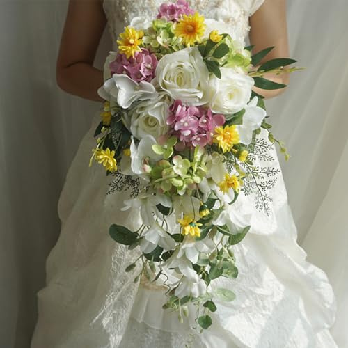 Fouriding Wedding Bouquets for Bride,Water Drop Waterfall Bridal Artificial Flowers Bouquet for Ceremony Anniversary Bridal Shower Party Wedding Decoration Bouquets (White Powder)