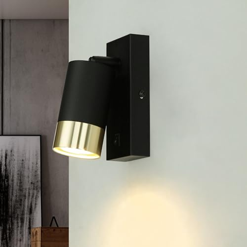 Liten vägglampa med strömbrytare, vägglampa inomhus svart, guld, väggspot, sovrum säng, GU10, D:6 cm, justerbar, accentuerad, vardagsrum, vägglampa kök