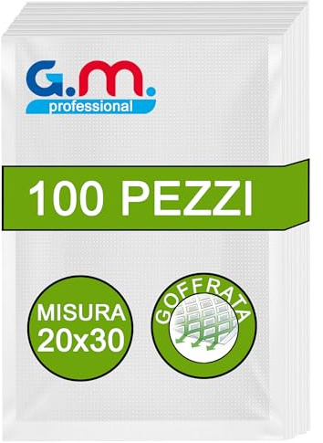GM 100 Sacchetti Sottovuoto Alimenti Goffrati per Alimenti 20x30 - Adatti a Tutte le Macchine Sottovuoto - Buste Alimenti per Conservazione e Cottura - Sacchetti Trasparenti Senza BPA