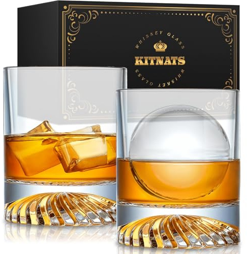 KITNATS Hand Blown Crystal Old Fashioned Whiskey Glasses Rocks Glasses Drinking Cocktail Bourbon Scotch Rum Vodka Liquor 12 OZ - set of 2 Gifts for Men