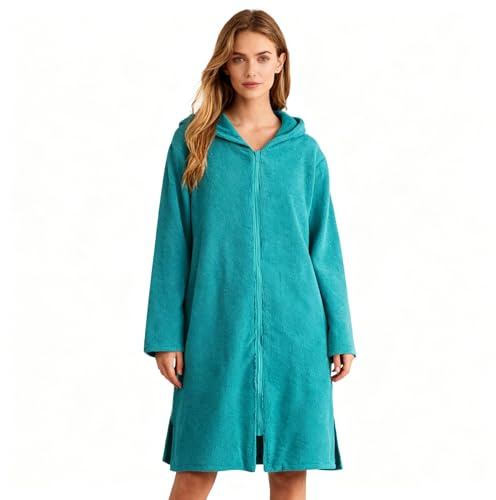 Weecreeture Hooded Towel Poncho with Zipper and Pocket, Surf Poncho for Men and Women, Beach Bath Changing Robe Cover Up Deep Lagoon L