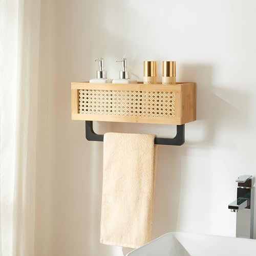 [en.casa] Mensola da Parete con Cesta Portaoggetti Frontale Effetto Rattan e Asta Portasciugamani Scaffale Pensile in Bambù 36x13x19 cm Bagno Cucina Ingresso - Nero/Naturale