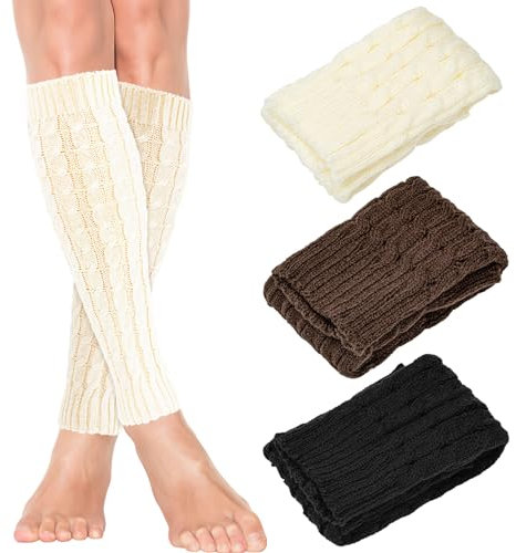 Vinuwu 3 Pairs Leg Warmers, Knit Leg Warmer for Women Ladies Men, Y2K Ankle Knee Sleeve for Boot 80s Party Yoga Ballet Dance Ice Skating Accessories, Winter Essential-Wh Blc Br