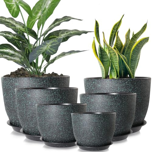 Duscdesp 25/23/20/18/16/12cm Plant Pots Indoor 6 Pcs Large Indoor Plant Pot,Flower Pot House Plastic Plant Pots,Plant Pot Outdoor with Drainage Holes and Saucer for Plant Flower(Green)
