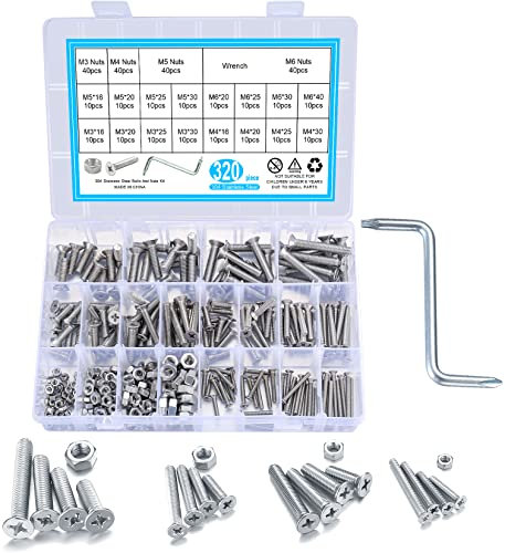 Surtido de 320 tornillos de cabeza avellanada y tuercas, M3, M4, M5, M6, tornillos de acero inoxidable, tornillos de madera, tuercas y herramientas de reparación