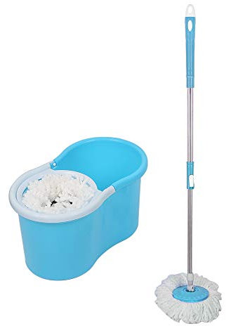 Set Classic Mop, Seau essoreur avec Lave-Sol, Balai à Franges en Viscose très absorbantes, Presse Manuelle à Double entraînement -A, Bleu