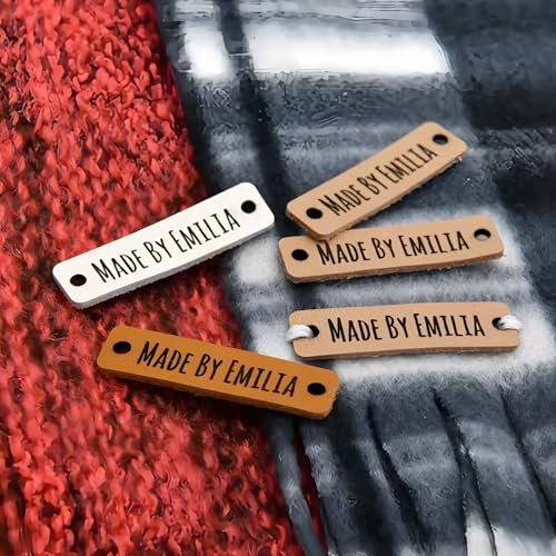 MEIEG 10/20/50 Pz Personalizzato Nome Tag in Pelle, Handmade Etichette in Pelle, Cucito Accessori con Rivetti, 10X40mm Etichette Pieghevoli