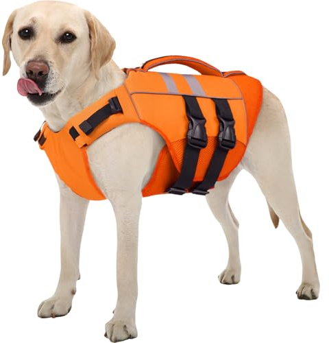 Kuoser Dog Life Jacket Large, High Flotation Puppy Safety Vest for Swimming Boating, Reflective Water Vest Pet Life Preserver with Rescue Handle, Orange L