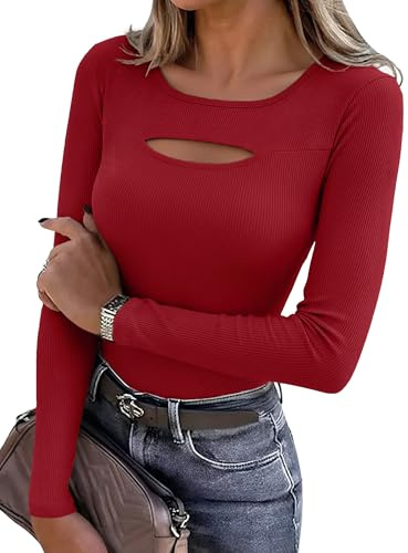 Aottori Camiseta de Mujer Manga Larga Acanalado Elástico con Cuello Redondo | Detalle Cut Out, Corte Ajustado, Tejido Ligero, Estilo Casual, Estilo Elegante, Forma de Túnica