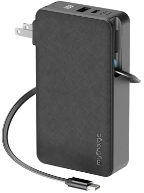 myCharge RetractaCharger 10000mAh Portable Charger Power Bank with 28-Inch Retractable USB-C Cable | Premium Fabric | Built-in Wall Plug | 30W PD Fast Charging | USB-C/A Ports | Digital Display