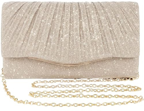 ESYFOR Kuvertväska Beige Dam Elegant, Aftonväska för Bröllop Moderiktig Handväska Glittrande Umschlagtasche Crossbody med Avtagbar Kedja för Bröllop, Fest, Bankett, Helgdagar, Guld, 21 x 12 x 6.5 cm
