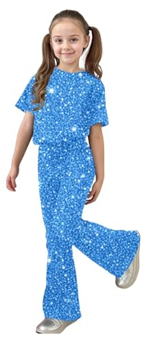 Set di pantaloni lunghi con stampa glitter per il tempo libero, a maniche corte, combinazione, per feste di compleanno, abbigliamento festivo, abbigliamento per bambini, top e pantaloni, Stile/C03 Blu