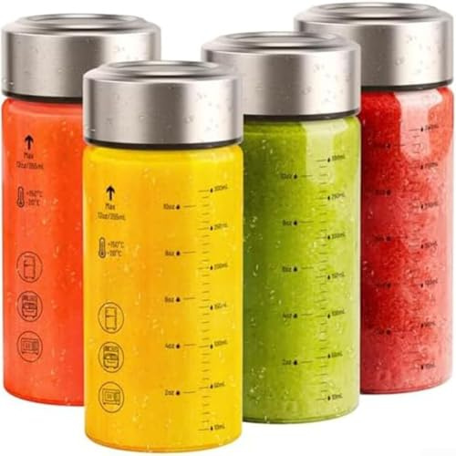 Juego de 4 botellas de jugo de vidrio de 12 onzas con tapas de acero inoxidable a prueba de fugas y sellos de silicona para un almacenamiento seguro de bebidas frías y calientes en casa o trabajo (7 x