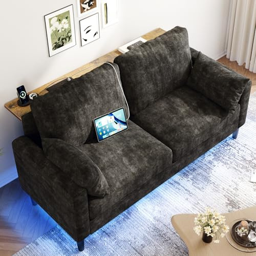 KKL 2 Seater Sofa with 2 AC Outlets and 2 USB Ports, Small Couch Loveseat with LED Lights, Chenille Sofas Couches with Console Table for Living Room, Easy Assembly, Black