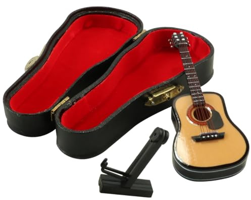 Tiardey Guitare Miniature en Bois - Modèle 10 cm - Mini Guitare avec Support et étui - Modèle Instrument de Musique - Décoration d'intérieur