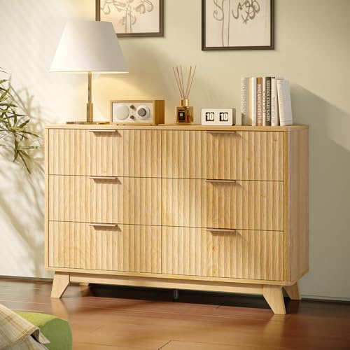 Bonnlo Oak Chest of Drawers,6 Drawers Grille Bedroom Drawer