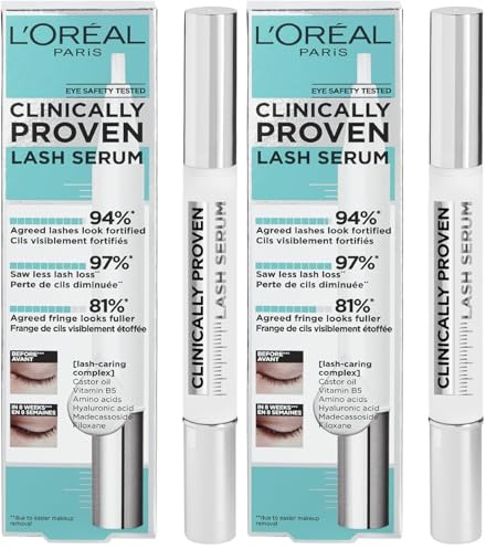 L'Oreal Paris Clinically Proven Lash Serum, For Stronger, Thicker-Looking Lashes, Fortified, Less Lash Loss & Fuller Fringe With Castor Oil & Hyaluronic Acid (Pack of 2)