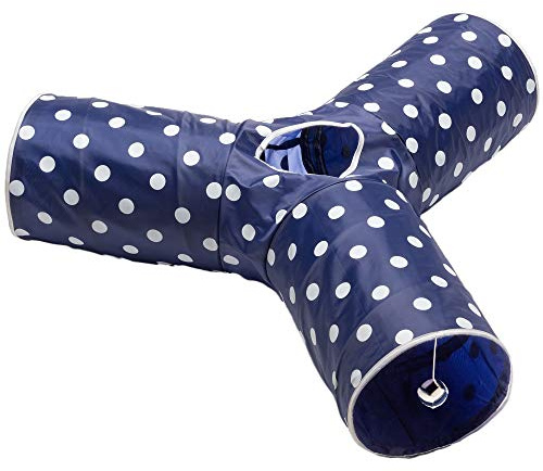 Prosper Pet Cat Tunnel - Collapsible 3 Way Polka Dot Play Toy - Tube Fun for Rabbits, Kittens, and Dogs - Polka Dot Navy/White