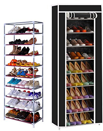 Zapatero Armario tela con cremallera entrada recibidor o garaje Estrecho y alto. 160 x 30 x 60 cm. Doble. 10 Niveles.Hasta 27 pares. Estantería organizadora de zapatos y botas. Tubos de acero.