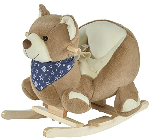 Qaba Baby Rocking Horse with Lullaby, Ride On Horse, Bear Themed Plush Animal Rocker with Pedals for Ages 18-36 Months, Easy to Assemble