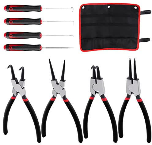 Glarks 9Pcs 9 Inch Snap Ring Pliers and Hooks and Pick Set, 4Pcs Internal/External Circlip Pliers Retaining Ring Pliers and 4Pcs Long Handle Hooks with 1pc storage bag for Ring, Hoses, Gaskets Remove