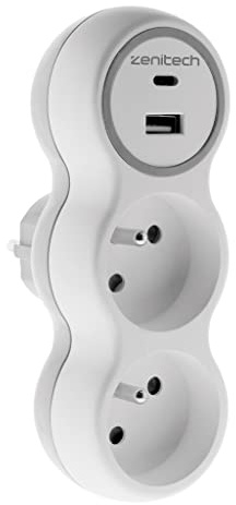 Zenitech - Prise 2x16A + 2 ports USB A/C - Blanc et Gris - Bolea