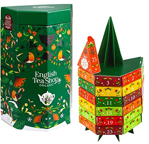 ETS Tee Adventskalender Tannenbaum 2025 | zum Aufstellen | 25 BIO-Weihnachtstees | kompostierbare Pyramidenbeutel | 13 verschiedene Teesorten