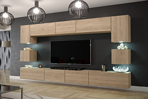 Furnitech Wohnwand Wohnzimmer Möbel (Sonoma Eiche) mit LED RGB - 16 Farben - Hängend Wohnzimmerwand Modern - Schrankwand mit Regale und TV Schrank (Nowara AN1-17S-M50 1C)