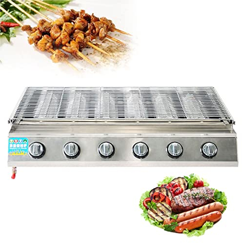 Barbecue a Gas Professionale con 6 Fuochi Multifunzione, Struttura in Acciaio Inox, Griglia da Tavolo Portatile, Piastra di Cottura Grill da 71x20 cm, per Campeggio, Balcone e Giardino,Argento