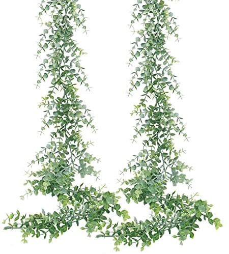 Dolicer 2 Pack Faux Eucalyptus Garland, 12Ft Artificial Vines Fake Hanging Eucalyptus Leaves Greenery Garland for Wedding Backdrop Arch Wall Table Party Indoor Outdoor Decor (Grey Green)
