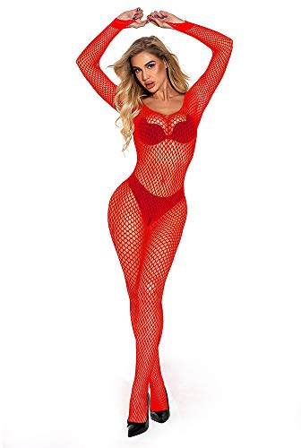 E-Laurels Women Fishnet Bodysuit Teddy Body Stockings Mesh Lingerie Nightgown One Piece（W412-RED）