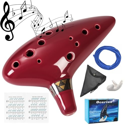 Mulucky - Ocarina in argilla naturale con 12 fori e accessori, scatola regalo per strumenti musicali adatta ai principianti (Rosso)