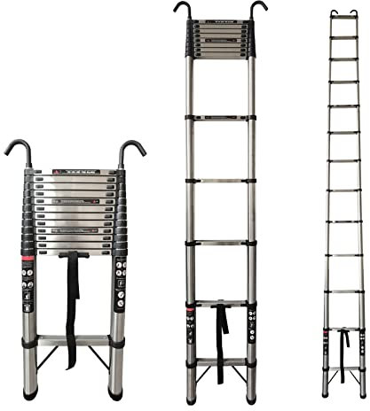 Stainless Steel Telescopic Ladder - 5M/16.4FT Extension Ladder with 2 Detachable Hooks, Multi-Purpose, 12 Steps, Max Load 150kg