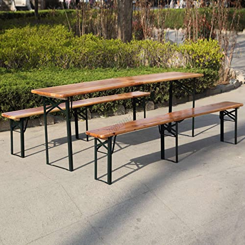 BIRCHTREE 3 Pieces Outdoor Patio Wooden Top Vintage Folding Beer Picnic Dining Table Bench Set Party Pub Garden Furniture Steel 3 Legs 220cm Natural
