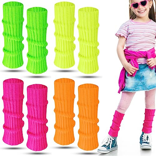 Giegxin 4 Pairs Neon Leg Warmers for Girls Toddler Kids Knit Ribbed Leg Socks for Costume 80s Yoga Party Accessory(Fresh Colors,Cute Style)