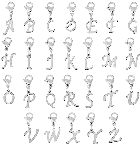SUPERFINDINGS 26 Stück 304 Edelstahl Buchstaben Anhänger Charms Silberne Buchstaben A Bis Z Karabinerverschlüsse Charms Mini Alphabet Armband Halsketten Anhänger