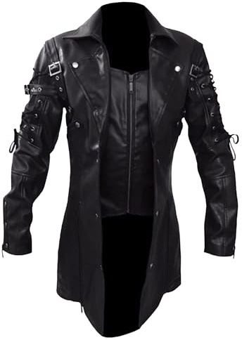 ZDJSWJ Steampunk-jacka i läder för män, goth, TRENCH COAT, läderkappa, kappa, vintage, slimmad, svart, 3XL