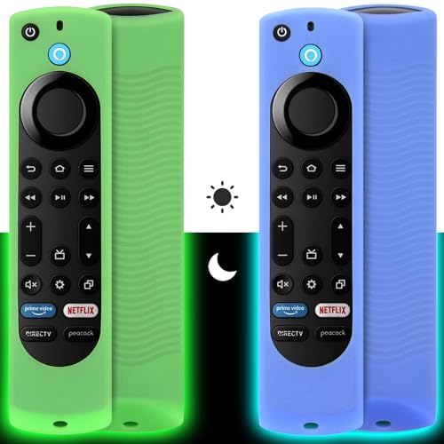 Pinowu Funda de Silicona para Mando a Distancia (2 Piezas, Nightglow) Compatible con Firestick 4K MAX/Insignia/Pioneer/Fire TV 4-Series/Omni Alexa Voice Remote Mejorado con cordón (Verde y Azul)
