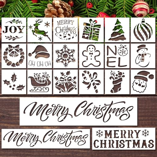 21 St Julschabloner, God Julstencil i Plast Återanvändbara Vintagejulschabloner för Målning Renar Julgran Jultomten Julmålningsmall för Dörrmatta Fönster