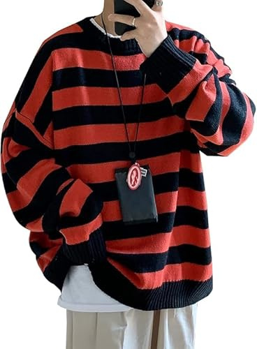 SWJGLITTR Men's Striped Knitted Pullover Casual Color Block Slim Fit Sweater Crewneck Black Long Sleeve Patchwork Sweaters, Red, L