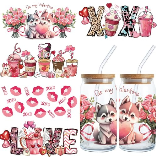 5 Sheets Valentine’s Day UV DTF Cup Wrap for 16oz Glass Pink Rose Lips Dwarf LOVE Design Rub on Uvdtf Transfer Cup Decals for Crafts UV DTF Waterproof Stickers for Valentine’s Wedding Party Supplies