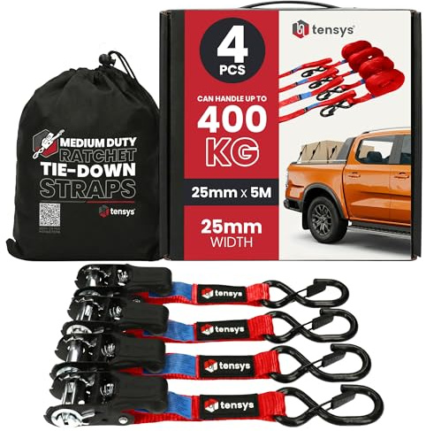 TENSYS Ratchet Tie Down Straps - 800kg Max Break Force Heavy Duty Ratchet Straps with Padded Handle, 0.38m Soft Loops, Coated S Hooks for Securing Cargo, Roof Racks, Luggage, 25mm x 5m, Red, 4 Pack