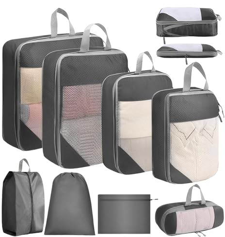 SYEXDZON Bolsas Compresion Viaje para Maleta, 8 Piezas Expandible Viajes Packing Cubes para Mochila, Ultra ligero bolsas viaje organizador para Equipaje de Mano (Gris)