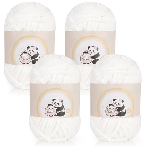 Aeelike 400g Fil Chenille Crochet, Pelote de Laine Chenille et Epais à Tricoter à la Main, Laine Velours pour Crochet Bebe à Tricoter, Fil Coton Douce en Peluche pour Couverture Bébé, Blanc